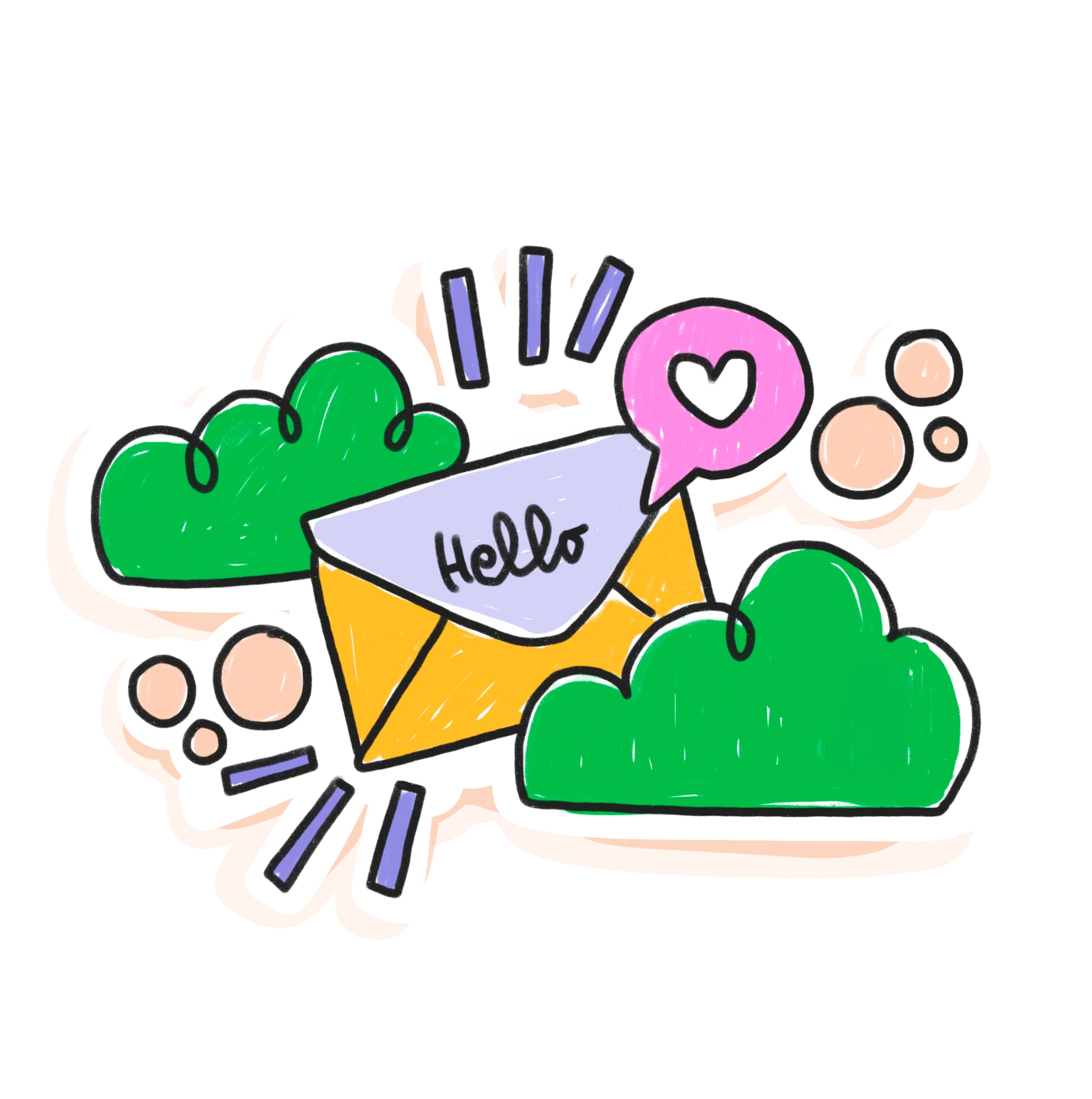 A hand-drawn hello envelope sticker with green shapes, a pink heart bubble and purple accents