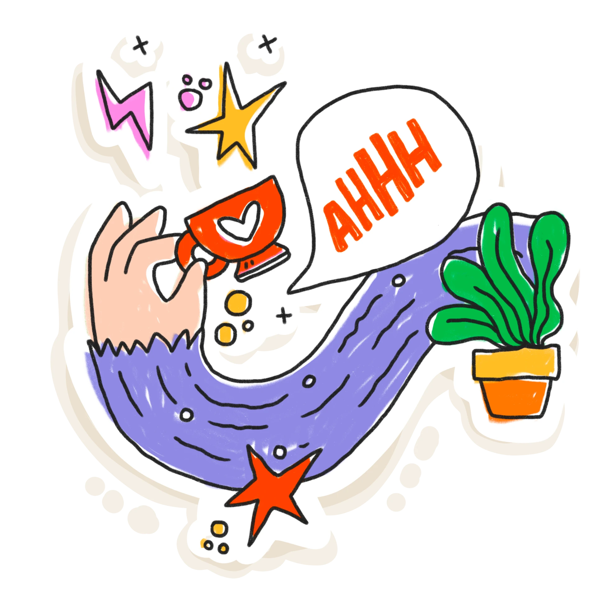 Hand holding a heart beside an AHHH speech bubble and a green plant